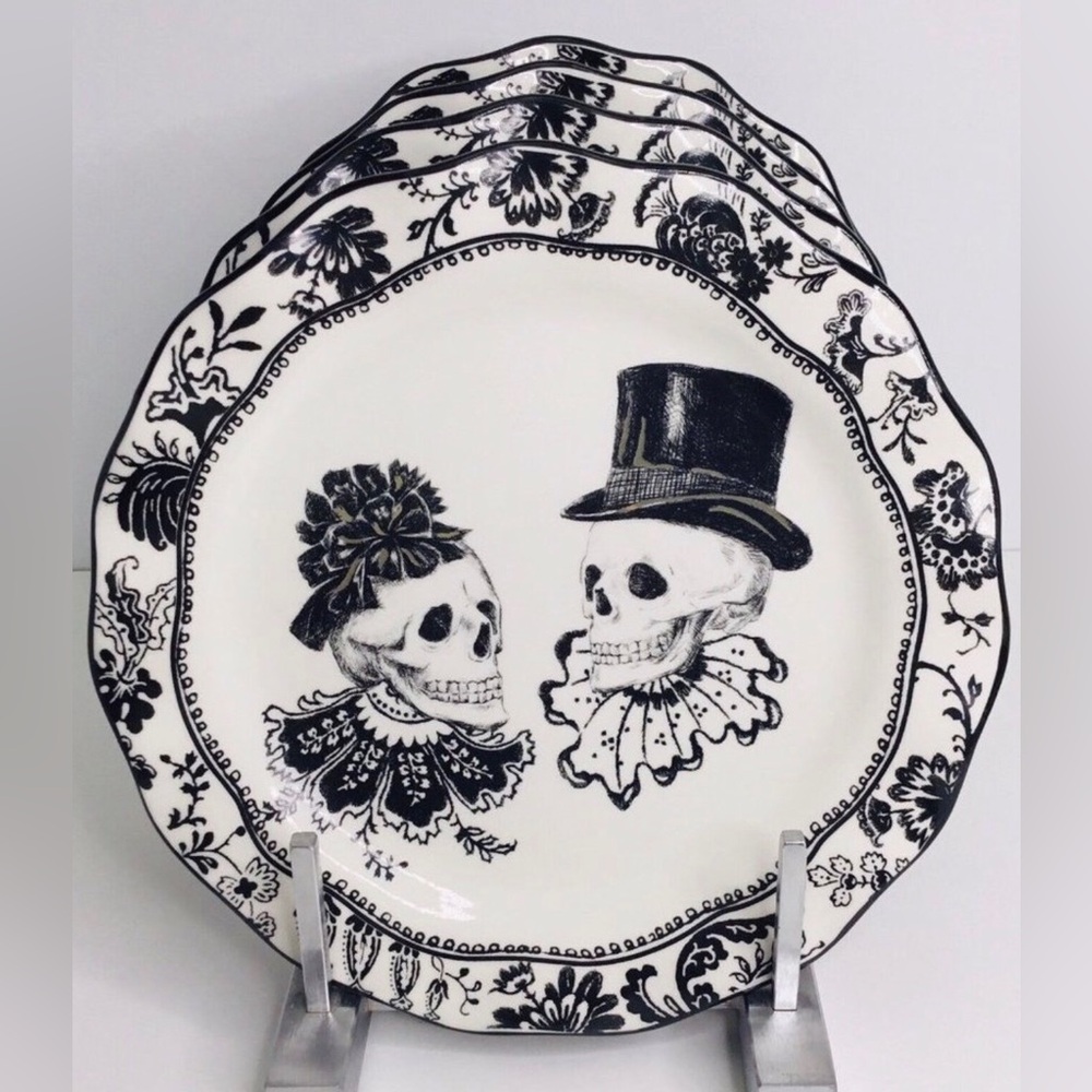 4 Dessert Salad Plates Potters Studio Halloween  Duo Victorian Skull New